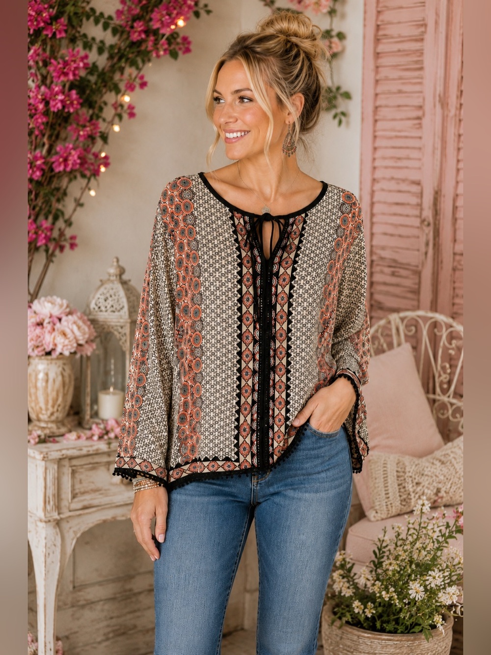 Dina Be Boho Tie Front Blouse Small Cream Coral Black Crochet Trim Top